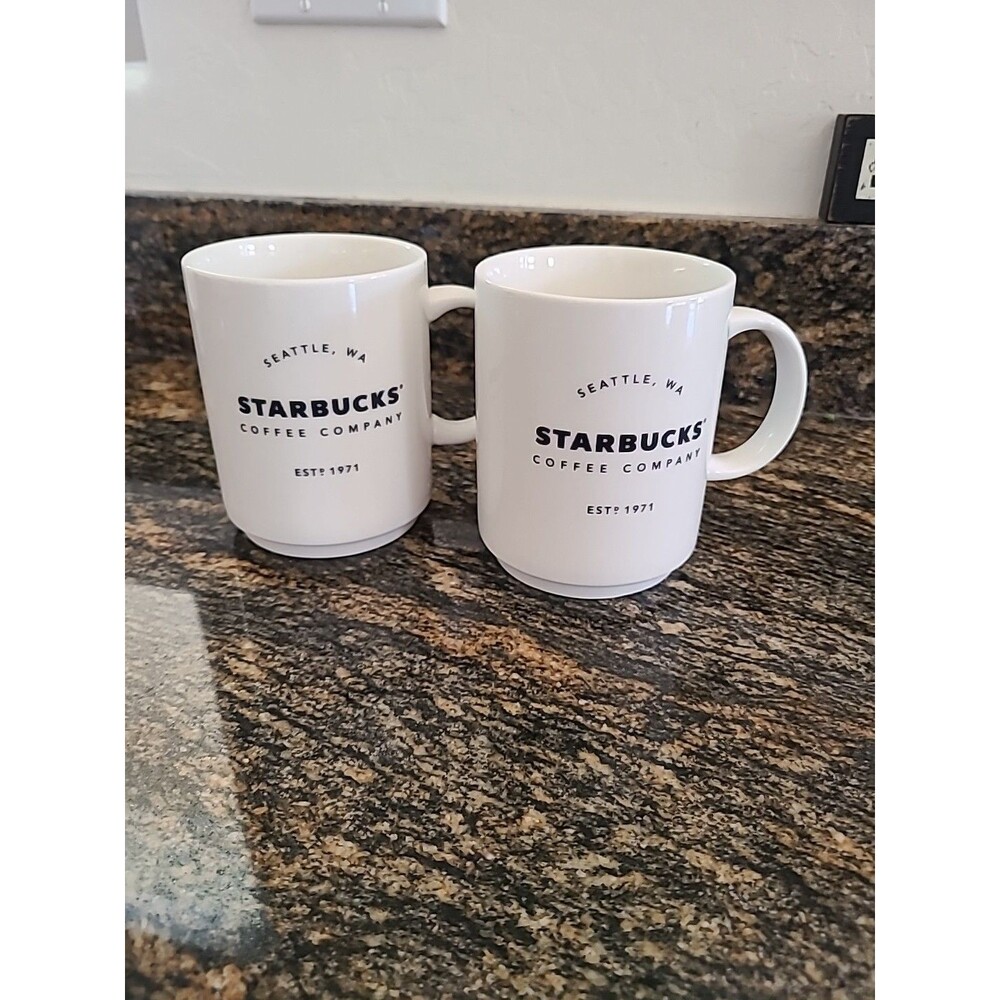 2 Starbucks Coffee Company Mugs EST. 1971 Seattle, WA 2018 14oz White & Black